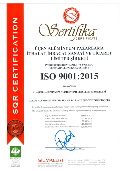Alüminyum ISO Belgesi